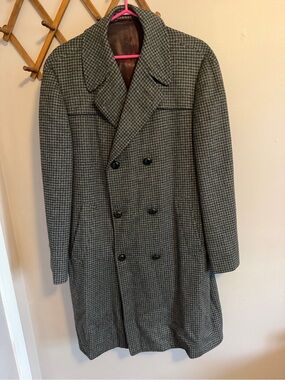Joe Feller Ottawa Vintage Houndstooth Wool Double Breasted Trench Overcoat M